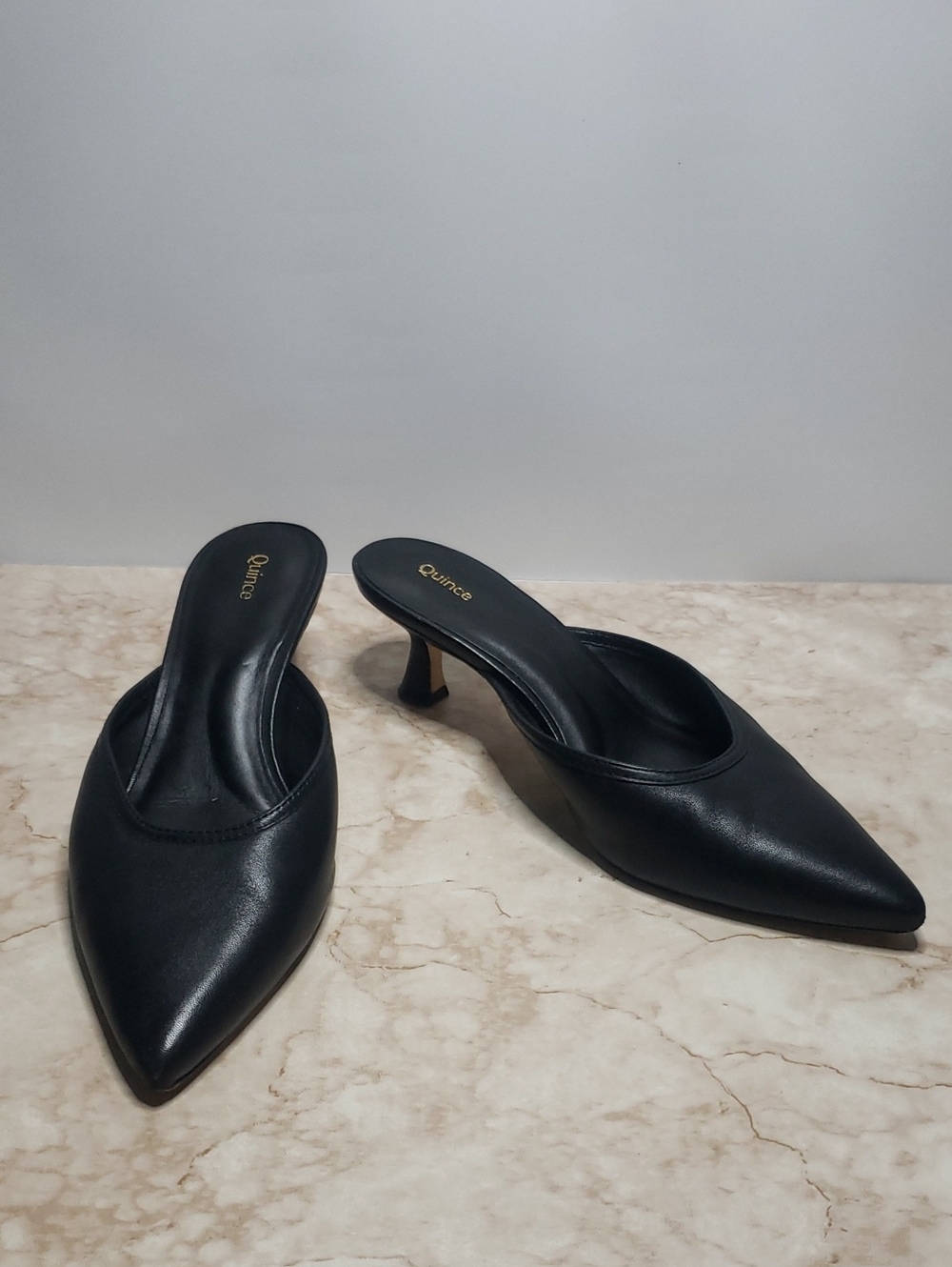 Quince Black Pointed Toe Mule Heels 8